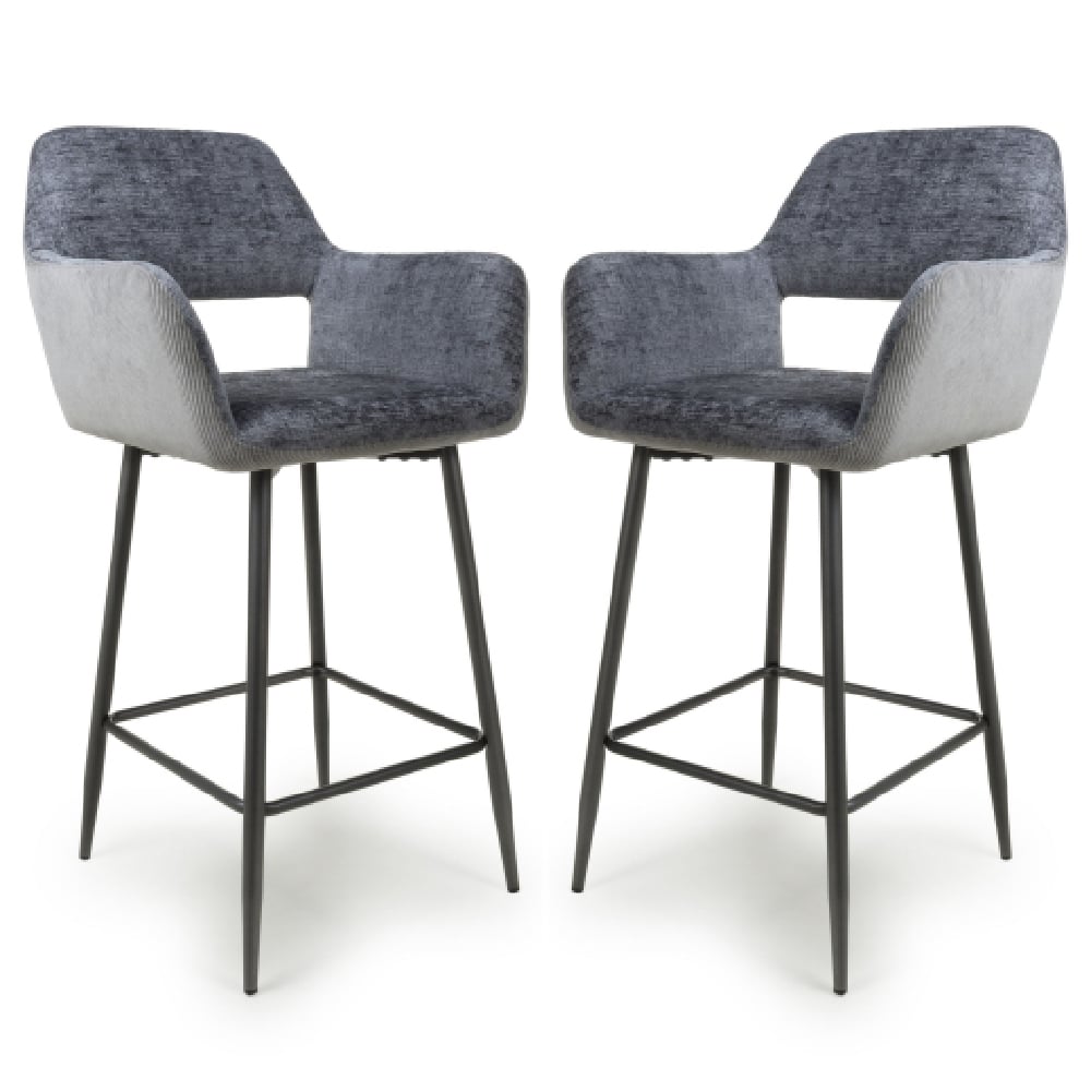 Sorento Blue And Grey Chenille Corduroy Fabric Bar Chairs In Pair