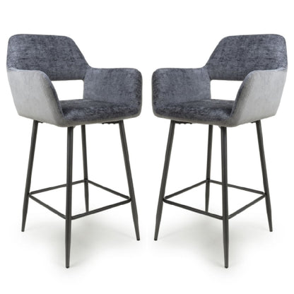 Sorento Blue And Grey Chenille Corduroy Fabric Bar Chairs In Pair