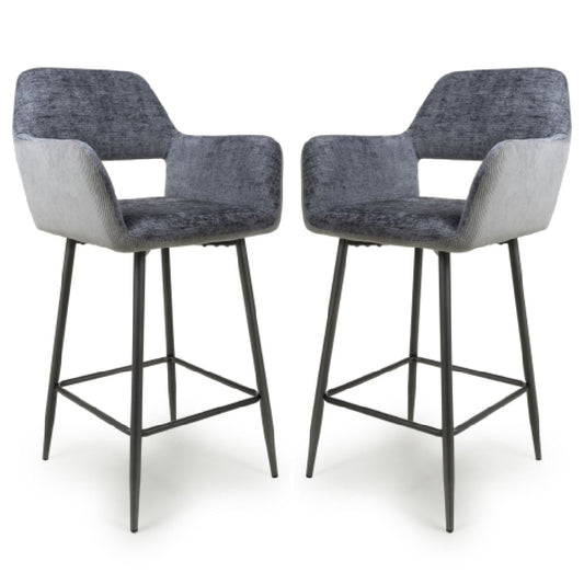 Sorento Blue And Grey Chenille Corduroy Fabric Bar Chairs In Pair