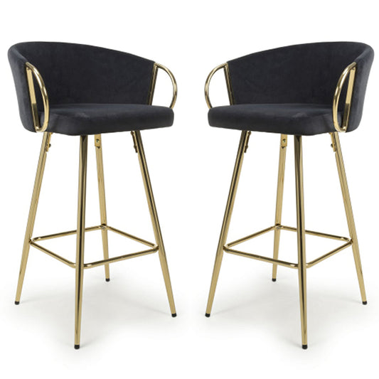 Volero Black Brushed Velvet Bar Stools In Pair