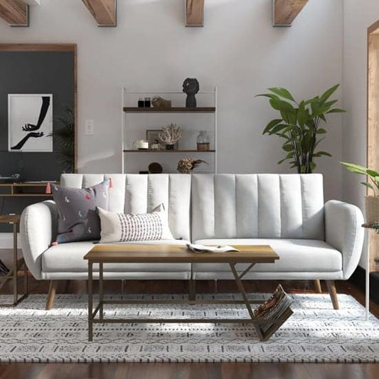Brittany Linen Sofa Bed In Light Grey With Wooden Legs