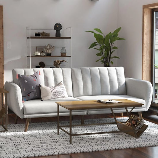 Brittany Linen Sofa Bed In Light Grey With Wooden Legs