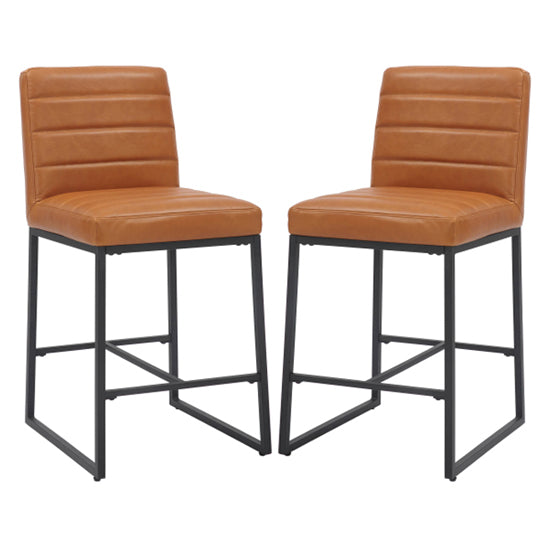 Carlton Light Brown Real Leather Bar Stools In Pair
