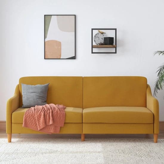 Jasper Linen Fabric Sofa Bed In Mustard With Wooden Legs