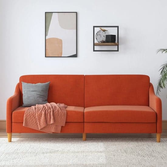 Jasper Linen Fabric Sofa Bed In Orange With Wooden Legs