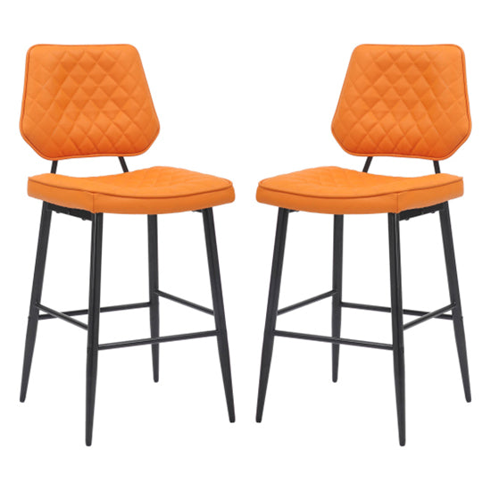 Garrick Orange Real Leather Bar Stools In Pair