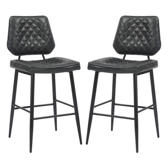 Garrick Black Real Leather Bar Stools In Pair