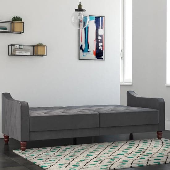 Vintage Velvet Sofa Bed In Grey With Wooden Legs