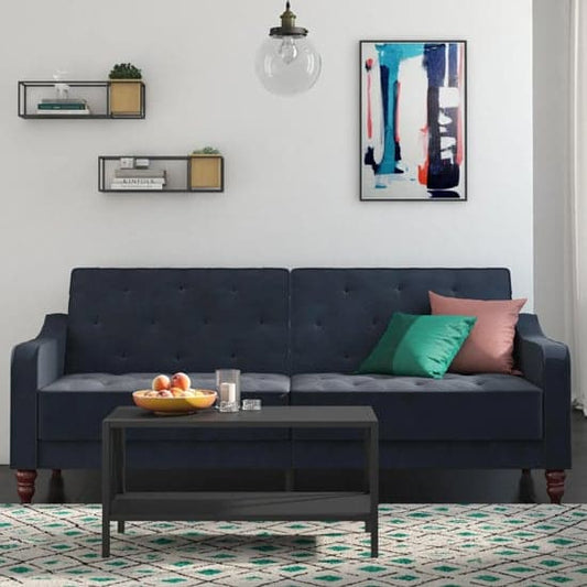 Vintage Velvet Sofa Bed In Blue With Wooden Legs