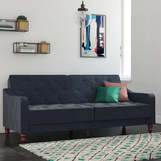 Vintage Velvet Sofa Bed In Blue With Wooden Legs