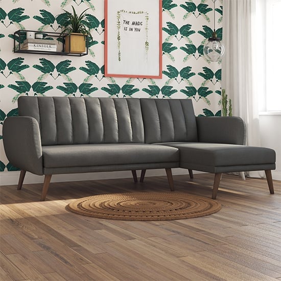 Brittany Linen Corner Sofa Bed In Dark Grey With Wooden Legs