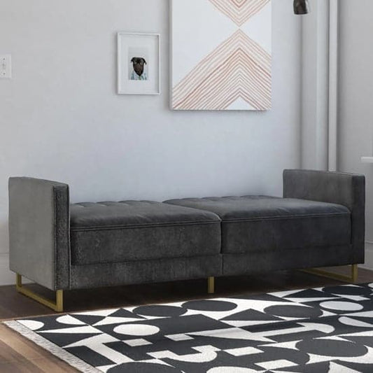 Skylar Velvet Sofa Bed In Grey With Gold Metal Legs