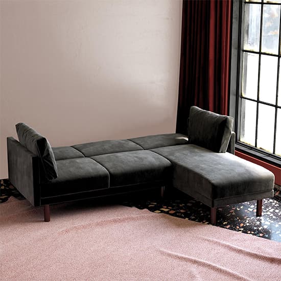 Clair Velvet Sectional Sofa Bed In Black With Dark Wooden Legs