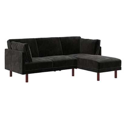 Clair Velvet Sectional Sofa Bed In Black With Dark Wooden Legs