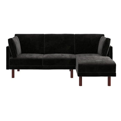 Clair Velvet Sectional Sofa Bed In Black With Dark Wooden Legs