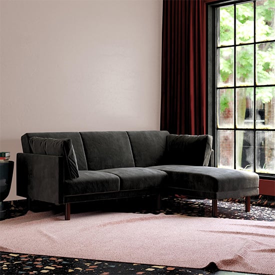 Clair Velvet Sectional Sofa Bed In Black With Dark Wooden Legs