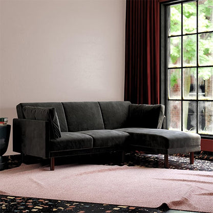Clair Velvet Sectional Sofa Bed In Black With Dark Wooden Legs