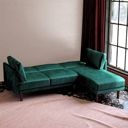 Clair Velvet Sectional Sofa Bed In Green With Dark Wooden Legs