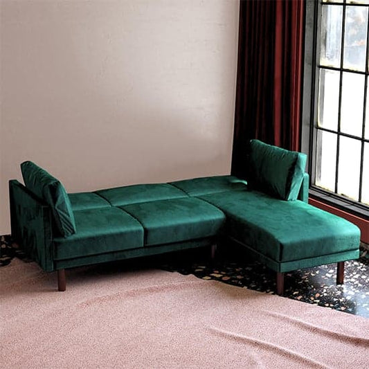 Clair Velvet Sectional Sofa Bed In Green With Dark Wooden Legs