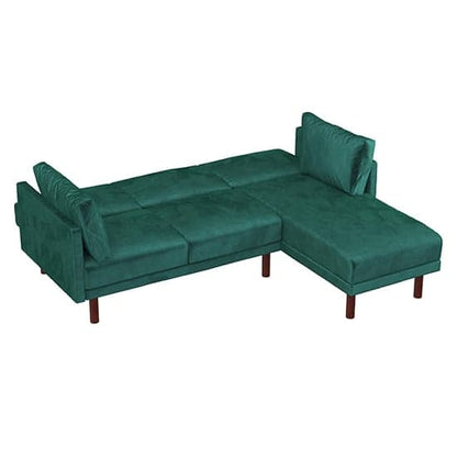 Clair Velvet Sectional Sofa Bed In Green With Dark Wooden Legs