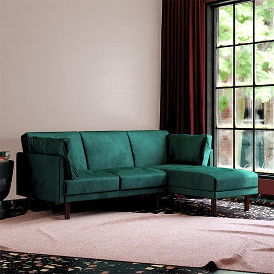 Clair Velvet Sectional Sofa Bed In Green With Dark Wooden Legs
