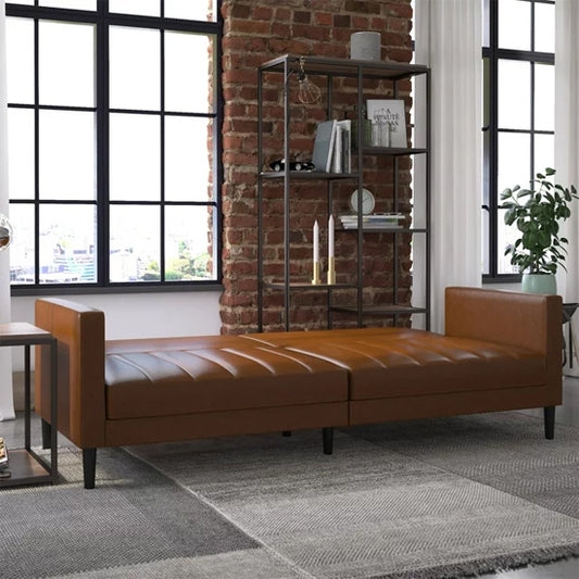 Liam Faux Leather Futon Sofa Bed In Camel With Solid Wood Legs