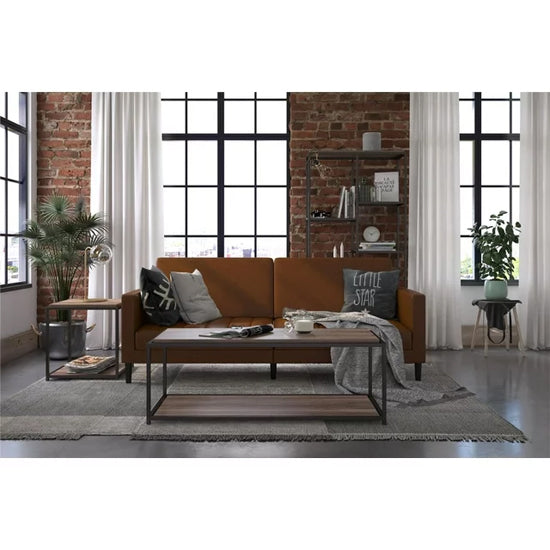 Liam Faux Leather Futon Sofa Bed In Camel With Solid Wood Legs
