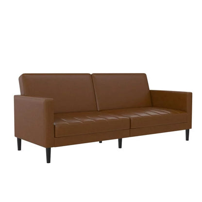 Liam Faux Leather Futon Sofa Bed In Camel With Solid Wood Legs