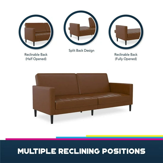 Liam Faux Leather Futon Sofa Bed In Camel With Solid Wood Legs