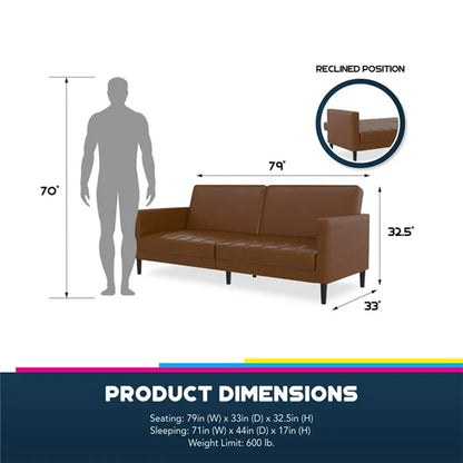 Liam Faux Leather Futon Sofa Bed In Camel With Solid Wood Legs