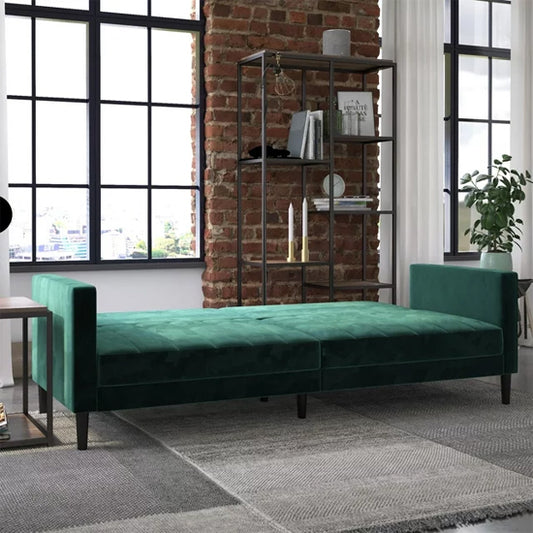 Liam Velvet Futon Sofa Bed In Green With Solid Wood Legs