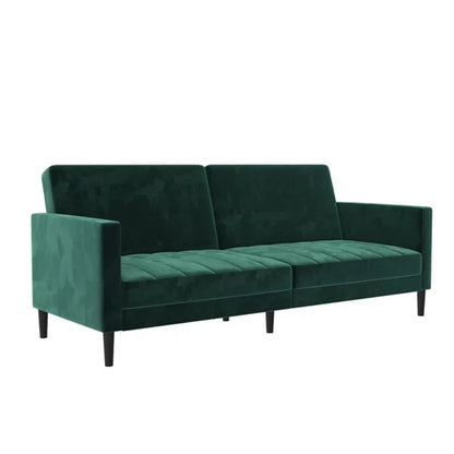 Liam Velvet Futon Sofa Bed In Green With Solid Wood Legs