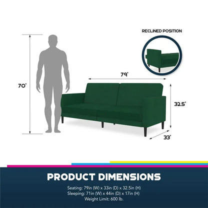 Liam Velvet Futon Sofa Bed In Green With Solid Wood Legs