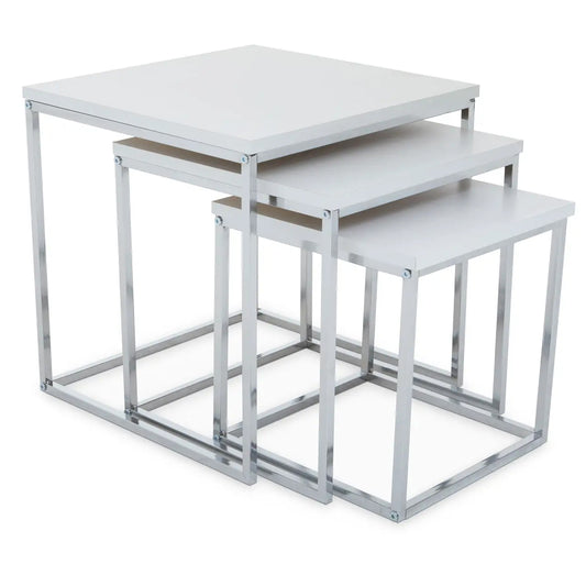 Fulton Nest Of 3 Tables In White With Chrome Frame