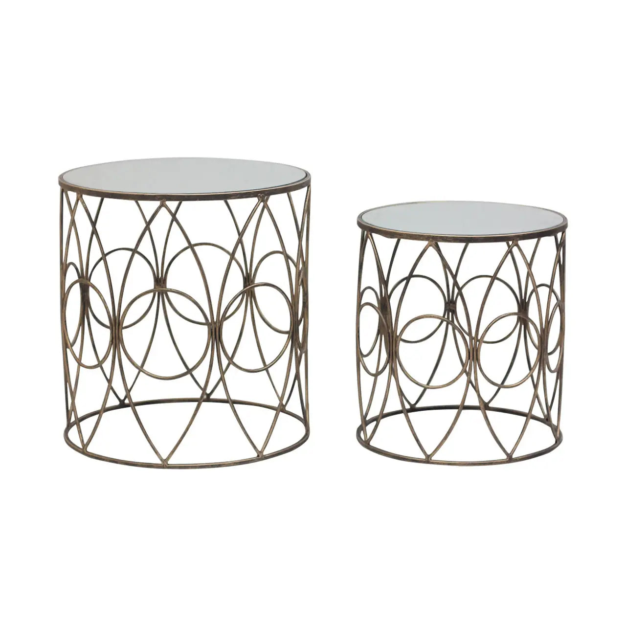 Avantis Round Mirrored Glass Set Of 2 Side Tables With Antique Frame