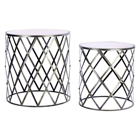 Avantis Diamond Design Mirrored Glass Set Of 2 Side Tables With Silver Frame