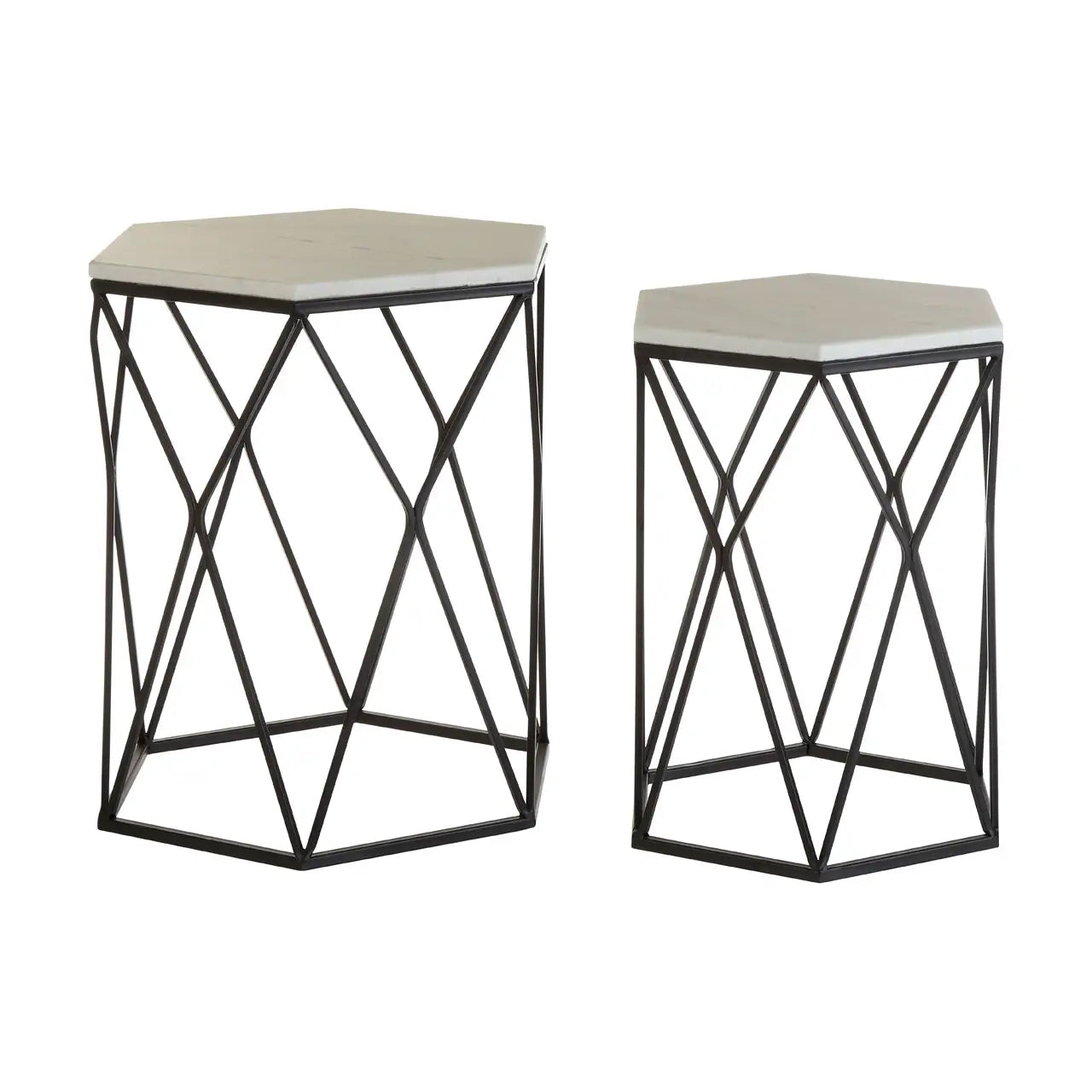 Arcana Hexagonal Marble Set Of 2 Side Tables With Black Metal Frame