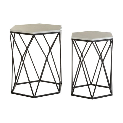 Arcana Hexagonal Marble Set Of 2 Side Tables With Black Metal Frame