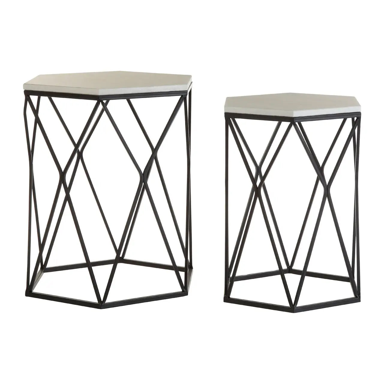 Arcana Hexagonal Marble Set Of 2 Side Tables With Black Metal Frame