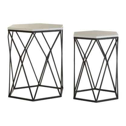 Arcana Hexagonal Marble Set Of 2 Side Tables With Black Metal Frame