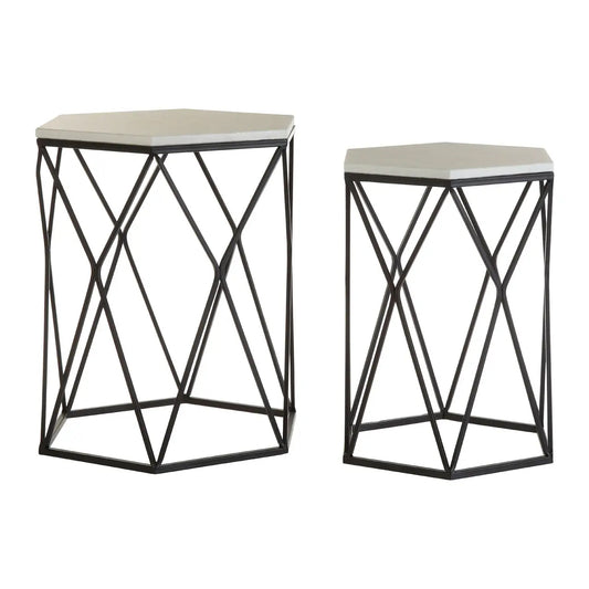 Arcana Hexagonal Marble Set Of 2 Side Tables With Black Metal Frame