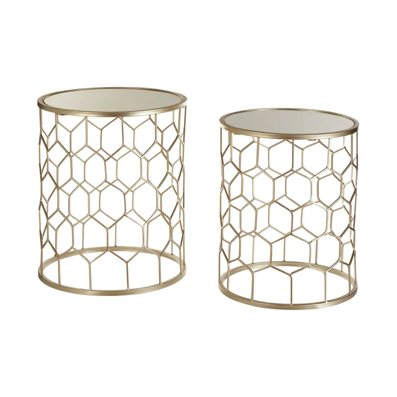 Arcana Honeycomb Mirrored Set Of 2 Side Tables Champagne Metal Frame