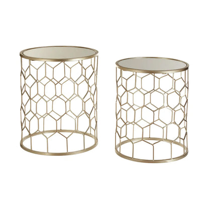 Arcana Honeycomb Mirrored Set Of 2 Side Tables Champagne Metal Frame
