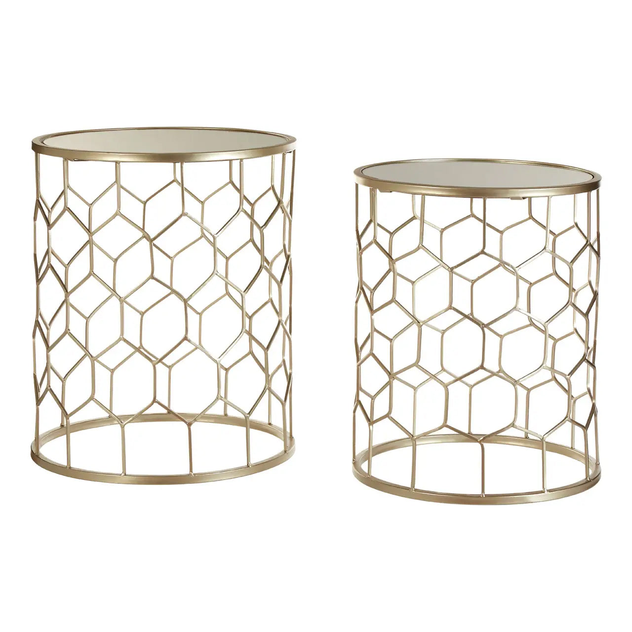 Arcana Honeycomb Mirrored Set Of 2 Side Tables Champagne Metal Frame