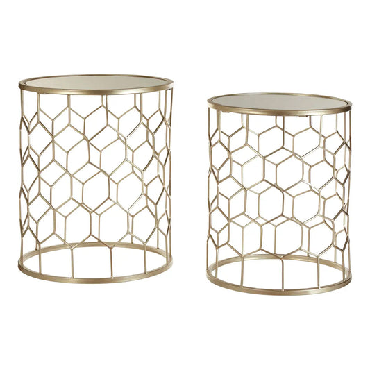 Arcana Honeycomb Mirrored Set Of 2 Side Tables Champagne Metal Frame