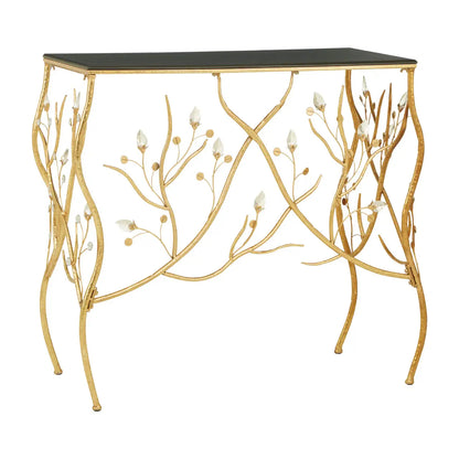 Yaxi Rectangular Wooden Console Table In Black With Gold Frame
