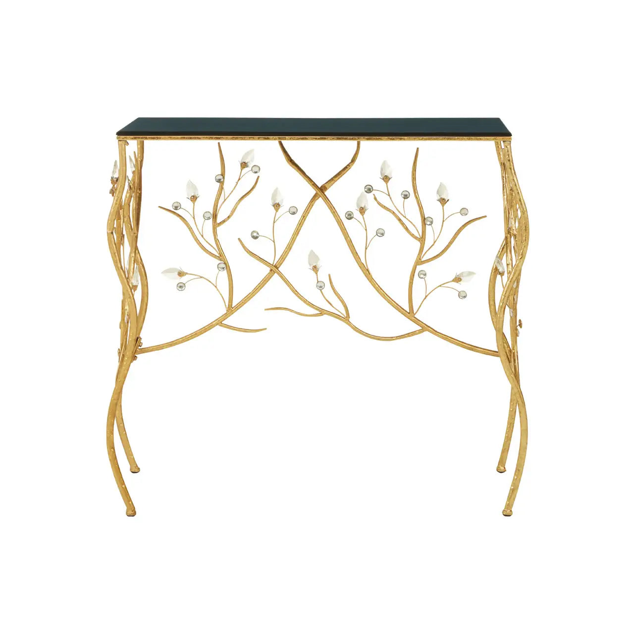 Yaxi Rectangular Wooden Console Table In Black With Gold Frame