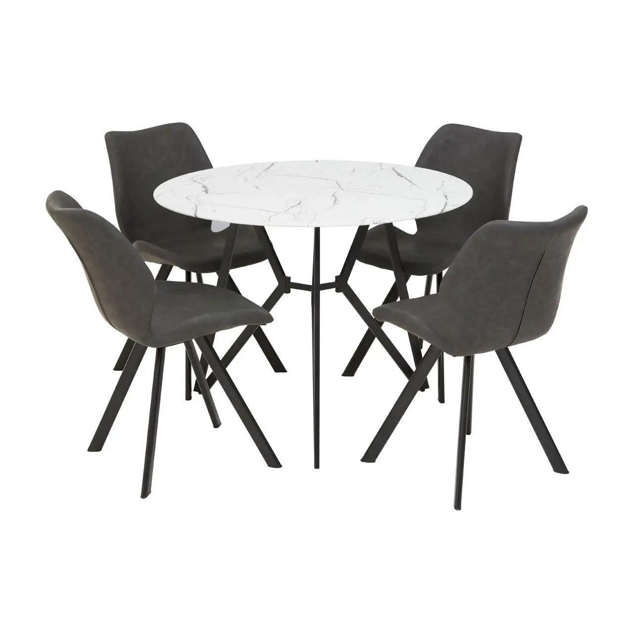 Weston Round Dining Table In Marble Effect With 6 Grey Chairs