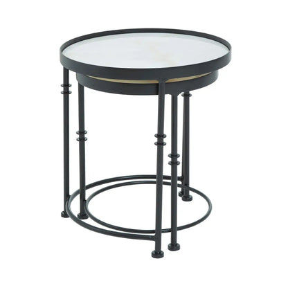 Arcana Round Marble Top Set Of 2 Side Tables With Black Frame