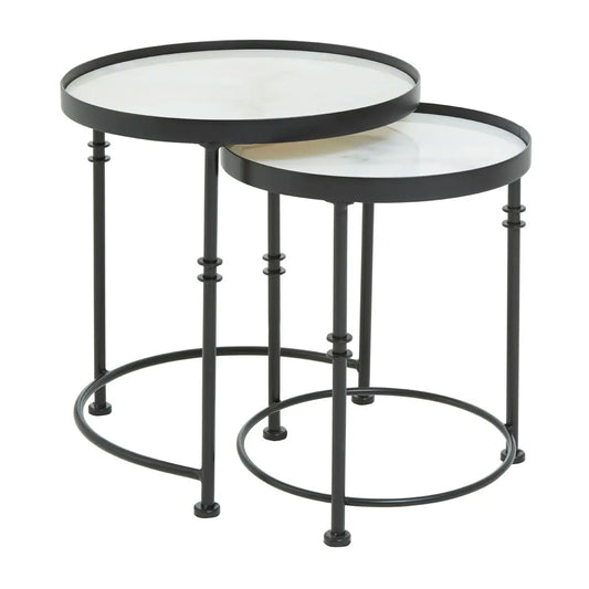 Arcana Round Marble Top Set Of 2 Side Tables With Black Frame